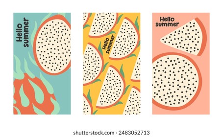 Póster de verano pitahaya ambientado en estilo plano. Arte para póster, postal, arte de la pared, fondo de Anuncio