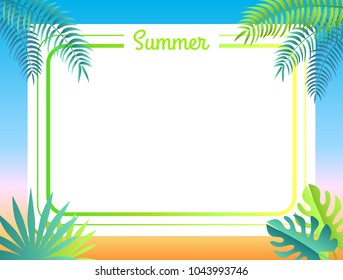 Summer poster with place for text vector illustration. Blue and green tropical leaves, exotic plants surround the frame of greeting card or advertisement banner