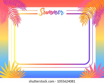 Summer poster with place for text vector illustration. Pink and yellow tropical leaves, exotic plants surround the frame of greeting card or advertisement banner