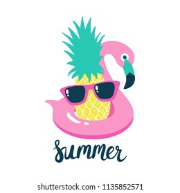 Summer poster pool floating with flamingo and pineapple. Vector illustration