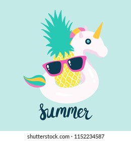 Summer poster pool floating with unicorn and pineapple. Vector illustration