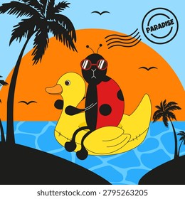 Summer Poster with Postage Stamp. Vector ladybug on the rubber ring in the sea with palm tree background. Tropical vacation concept. EPS 10