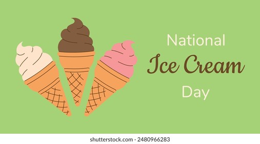 Summer poster, postcard National Ice Cream Day. Soft chocolate, strawberry, vanilla ice cream in a waffle cone on a green background. Hand drawn Flat Vector illustration EPS10 