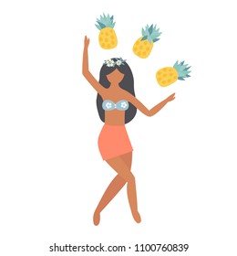 Summer poster with pretty girl juggling pineapples