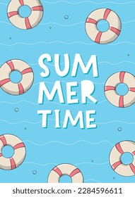 summer poster, print, card, template, banner, etc decorated with lettering quote and lifebuoys. EPS 10