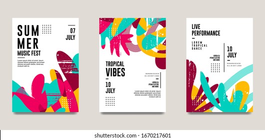 Summer poster print template set for party, concert, festival and event performance advertising with floral shapes