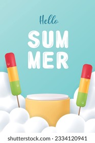 Summer poster for product demonstration. Yellow podium or pedestal with ice pop and cloud on blue background. Vector illustration for poster, banner, flyer, sale, invitation, discount.