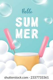 Afiche de verano para demostración de productos. Podio amarillo o pedestal con helado pop, nube y burbuja sobre fondo azul. Ilustración vectorial para afiche, banner, volante, venta, invitación, descuento.