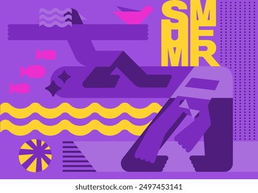 Summer poster in purple colors. Postcard with text. Image of surfers on the beach. Illustration with characters in geometric style.