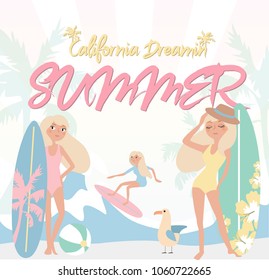 Summer poster with relaxing girl on the beach and surf in pastel color. Editable vector illustration