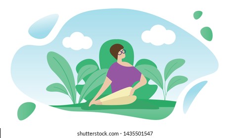Summer Poster Rest after Work in Nature Cartoon. Happy Girl in Casual Clothes Sitting on Grass. Young Woman in Spectacle is Resting in Nature alone against Background Grass and Sky.