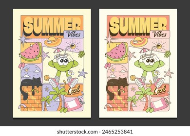 summer poster with retro cartoon character, vector illustration