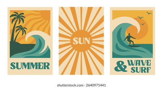Summer poster in retro naive style. Abstract backgrounds set with palm, sun, beach, sea, ocean, wave, surf. Vector design template for Surf club, summer sale, travel, vacation, spa concept