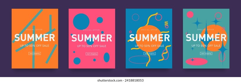 Afiche de verano en retro conjunto de colores naranja, rosa, azul. Resumen Antecedentes Línea de Figura Geométrica para Publicidad, Web, Medios Sociales, Banner, Portada. Oferta especial 3d 50%. Ilustración vectorial