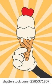 Summer poster in retro style, cartoon hand holding creamy vanilla ice cream in waffle cone, two scoops with heart, vintage drawing, 60s, 70s with character. Flat vector illustration of EPS10.