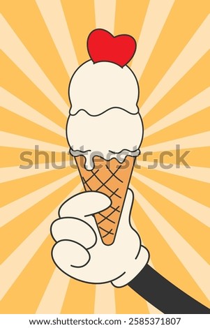 Summer poster in retro style, cartoon hand holding creamy vanilla ice cream in waffle cone, two scoops with heart, vintage drawing, 60s, 70s with character. Flat vector illustration of EPS10.