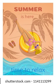 Summer poster in retro style. Cute girl sunbathing on ocean shore. Blonde under the palm trees on the beach. Summer is here. Time to relax. Vector illustration