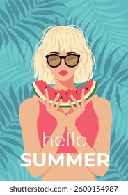 Summer Poster in Retro Style Hello Summer with Young girl in sunglasses in swimming costume on palm leaves background. Vector