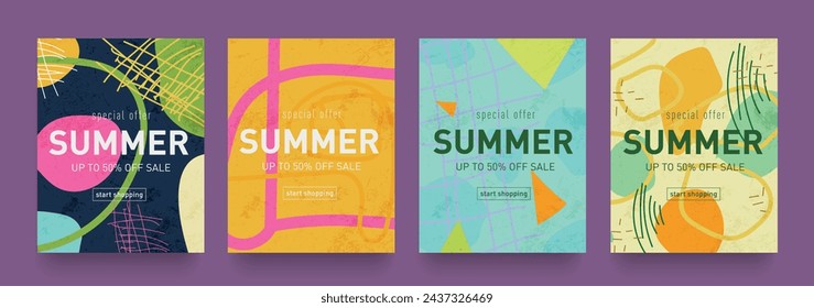 Póster de verano en estilo retro de colores amarillo, rosa, azul. Figura geométrica de fondo abstracto para publicidad, web, medios sociales, banner, cubierta. Oferta especial 3d 50%. Ilustración vectorial