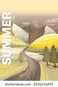 Summer poster with road concept. Treees and hills or mountains in sunny day. Travel and trip, journey. Creativity and art. Template, layout and mock up. Cartoon flat vector illustration