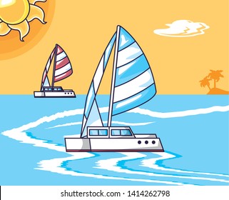 summer poster with sailboats in sea
