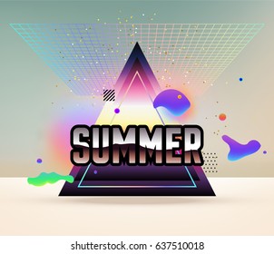 Summer poster with sandy beach, sunny sky and memphis design elements for placards, banners and flyers. Eps10 vector illustration.