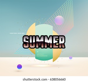 Summer poster with sandy beach, sunny sky and memphis design elements for placards, banners and flyers. Eps10 vector illustration.