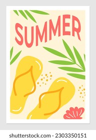 Afiche de verano con elementos de playa y objetos para las vacaciones. Ilustración vectorial de las sandalias, conchas y plantas tropicales. Diseño de texto.