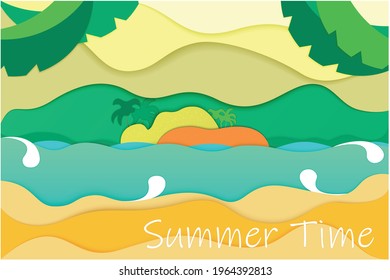 Summer poster. Sea and sand with palm trees. Paper cut background.