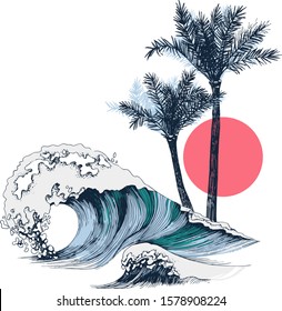 Summer poster with sea waves, palms and sun. Vector illustration in vintage style