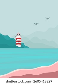 summer poster with seascape and lighthouse