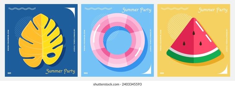 Summer poster with a series of vector illustrations featuring leaves, float and watermelon. Abstract background pattern perfect for posters and cover art.