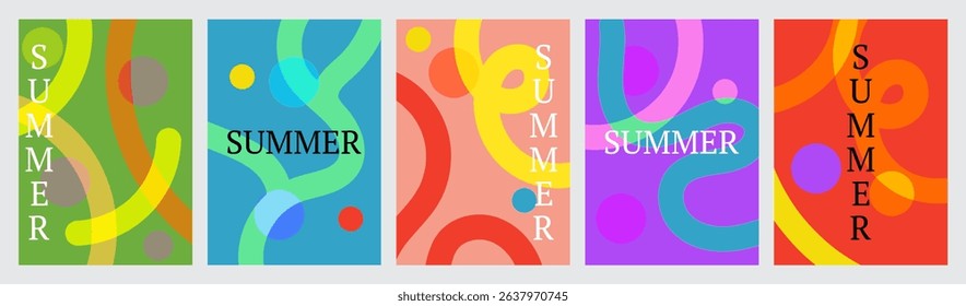 Summer poster set. Abstract shapes and lines on bright colored background. Vector for summer season.