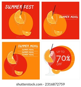 Summer poster set for advertising, discount, menu, with glass and soft drink, concept of hot evaporating prices, vector