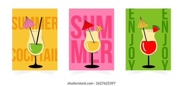 Summer poster set. Summer background with tropical cocktail glasses. Vintage vector illustration for poster, banner, cover, card, story