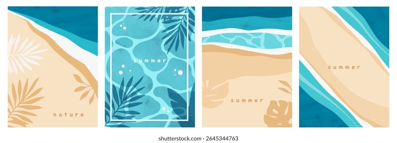Sommer-Poster-Set. Schöne Flyer mit Meereslandschaften und Top-Blick auf Meer, Meer und Sandstrand. Tropische Landschaft mit Wellen. Flache Vektorgrafik-Kollektion einzeln auf Hintergrund