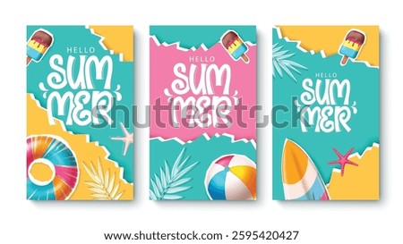 Summer poster set design. Hello summer greeting text with summer vector element in colorful abstract background. Vector illustration. 