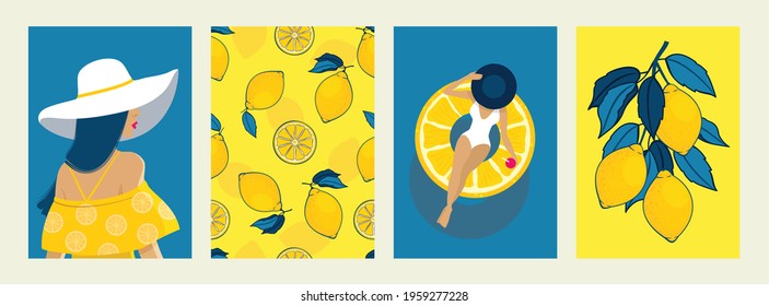 Summer Poster Set: Girl In A Hat, Inflatable Circle, Sea, Sunny Day, Lemons. Vector.
