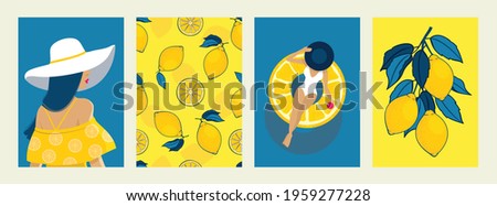 Summer poster set: girl in a hat, inflatable circle, sea, sunny day, lemons. Vector.