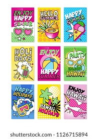 Summer poster set, Hello summer, Enjoy party, Happy holidays can be used for invitation, card, banner, brochure, flyer vector Illustration in pop art retro comic style