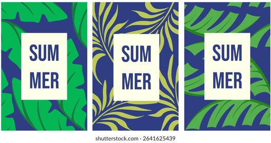 Summer poster set. Modern Summer background with palm tree leaves. Ideal Summer Sale postage stamp interior room art card collection. Branding, ads background card cover.  EPS 10