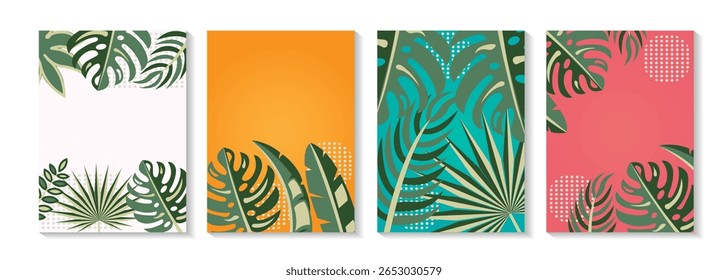 Conjunto de cartazes de verão, cartões de palma da praia, padrão de folhas tropicais. Ilustração vetorial. Selva exótico panfleto mínimo, modelo de voucher brochura. Moda havaiana fundo