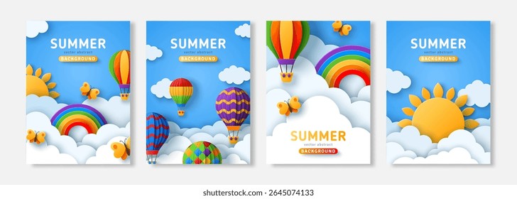 Summer poster set, paper cut clouds on blue sky, banner flyer, baby birthday card. Vector illustration. Place for text. Spring weekend vacation background. Sun, butterfly, hot air balloons, rainbow