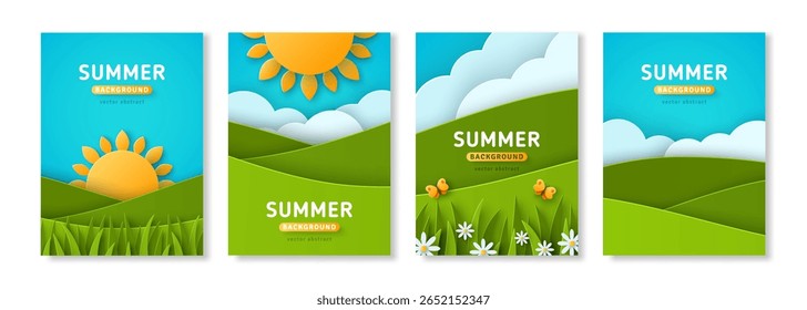 Conjunto de póster de verano, Anuncio de estilo de corte de papel, paisaje abstracto de la colina del campo. Ilustración vectorial. Folleto de agricultura ecológica, Plantilla de folleto de campo agrícola. Lugar para el texto. Fondo de nubes de sol de primavera