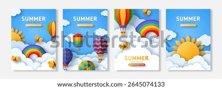 Summer poster set, paper cut clouds on blue sky, banner flyer, baby birthday card. Vector illustration. Place for text. Spring weekend vacation background. Sun, butterfly, hot air balloons, rainbow