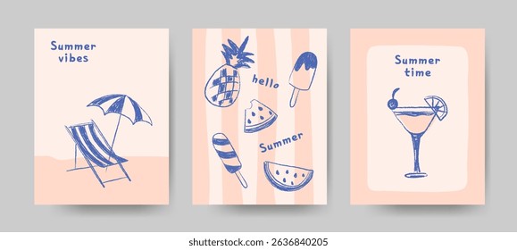 Summer poster set in pastel colors with vacation icons such as cocktail, umbrella, ice cream, watermelon, pineapple. Hand drawn vector design perfect for cards, websites and print design