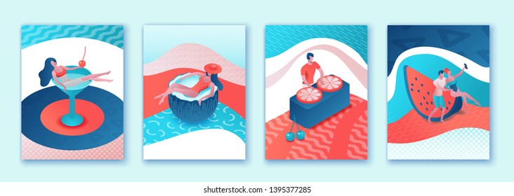 Summer poster set, pool party collection, isometric 3d illustration trendy pop style with cartoon people in swimsuit, drinking cocktail, relax, recreation spa concept, dj music, event background