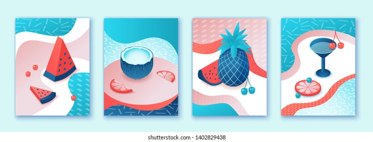 Summer poster set, pool party collection, isometric 3d illustration trendy pop style with cartoon fruits, watermelon, pineapple, citrus, cocktail, relax, recreation spa concept, event background