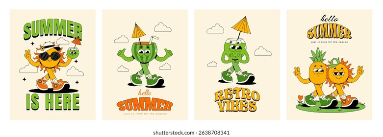 Summer poster set. Retro groovy characters sun, fruits and cocktails with cute face. Vertical vector illustration 60s, 70s style