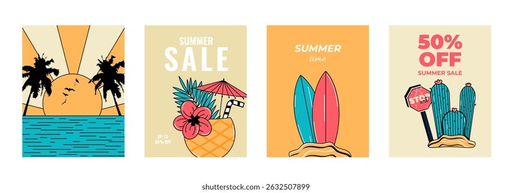 Summer poster set. Sale and greeting card. Retro vector illustration

